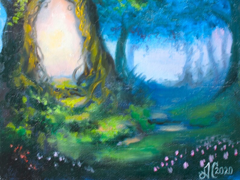 original oil painting on canvas 7.1x9.5/'/' Christmas gift fantasy landscape fairy art mini oil painting of magic tree Fantasy painting