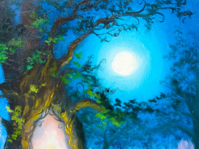 original oil painting on canvas 7.1x9.5/'/' Christmas gift fantasy landscape fairy art mini oil painting of magic tree Fantasy painting