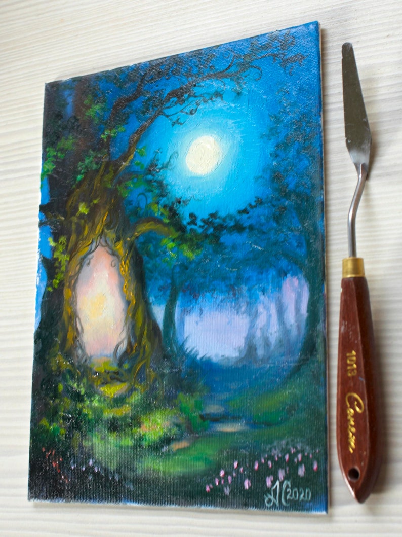 original oil painting on canvas 7.1x9.5/'/' Christmas gift fantasy landscape fairy art mini oil painting of magic tree Fantasy painting