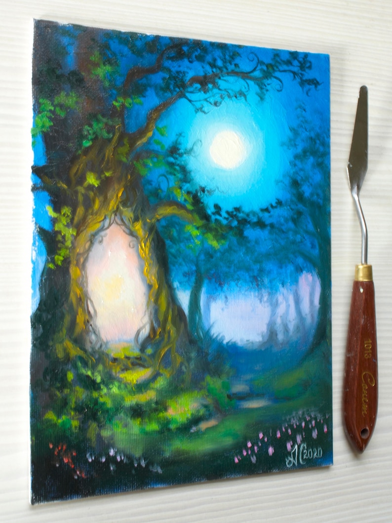 original oil painting on canvas 7.1x9.5/'/' Christmas gift fantasy landscape fairy art mini oil painting of magic tree Fantasy painting