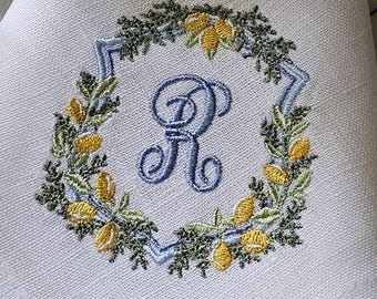Embroidered Linen Napkin: Lemon Wreath Monogram, Personalized Table Decor
