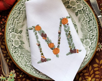 Monogram Linen Napkin: Embroidered Pumpkin Floral Thanksgiving Decor