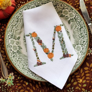 Monogram Linen Napkin: Embroidered Pumpkin Floral Thanksgiving Decor