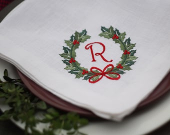 刺繍入りくるみ割り人形リネンナプキン：モノグラム入りクリスマス