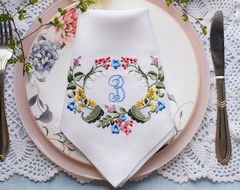 Embroidered Linen Napkins: Monogrammed Floral Dinner Napkins