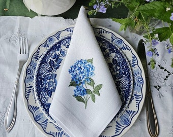 hydrangea embroidered linen napkin, Floral botanical linen napkins, Cloth Dinner Napkins, Wedding napkins, Garden Flower Napkins