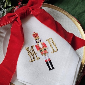 Embroidered Nutcracker Linen Napkin: Monogrammed Christmas Table Decoration
