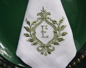 Personalized Linen Napkins: Embroidered Monogram, Sage Green Table Decor