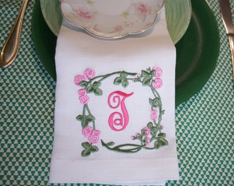 Wedding Monogrammed Napkins, Cloth Embroidered rose Napkins, personalized napkins, birthday napkins, table Dinner Napkins, Wedding napkins