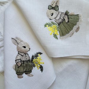 Embroidered Easter Bunny Linen Napkin: Rustic Table Decoration
