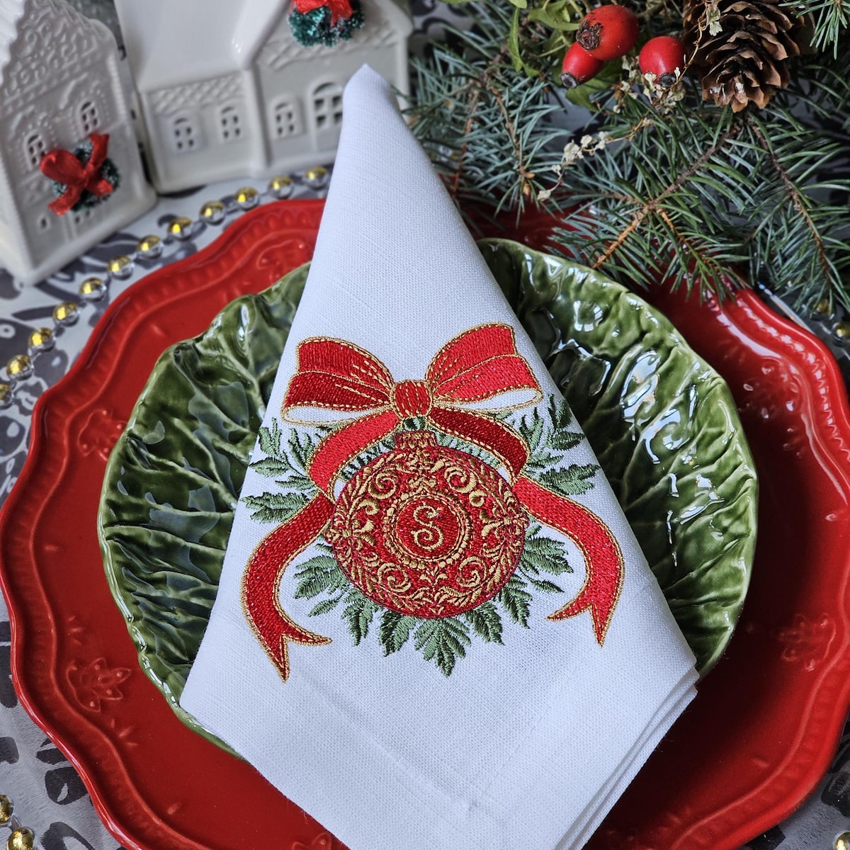 Embroidered Christmas Napkins, Set of 8