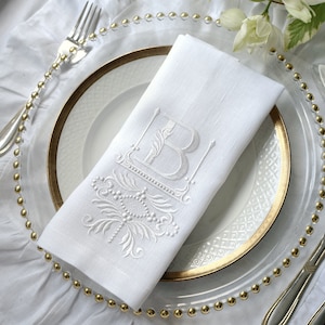 white personalized embroidery on a white napkin, monogrammed napkins, birthday  table decoration, Cloth Dinner Napkins, Wedding napkins