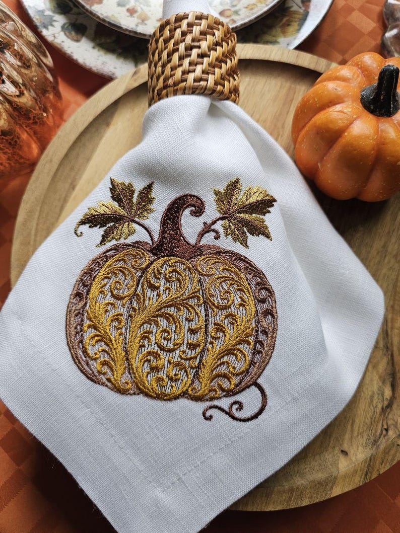 Embroidered Linen Pumpkin Napkin: Fall Thanksgiving Table Decor - Etsy
