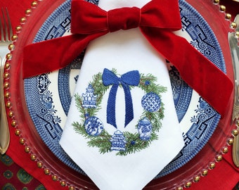 Chinoiserie Christmas Wreath with Ornaments embroidered cloth napkins, decoration, Holiday Table Decor, linen Dinner Napkins, pine branch