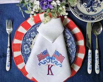 Embroidered Linen Napkin with Monogram, Crossed Flags – Patriotic Americana Decor