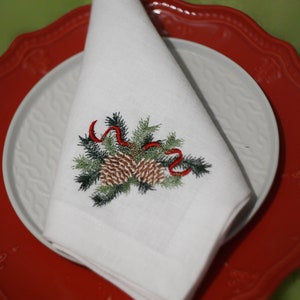 Embroidered Christmas Linen Napkins: Holiday Table Decor