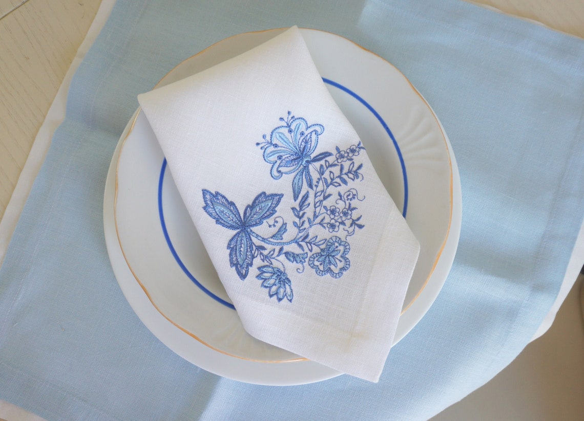 Blue Embroidered Napkins Floral Linen Napkins Table Etsy Australia