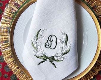 Embroidered Linen Napkins: Lily of the Valley Spring Decor