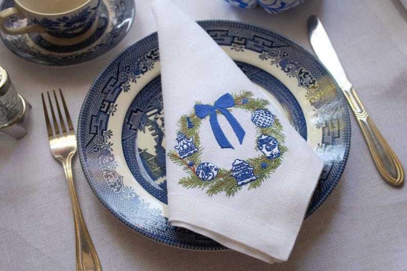 Chinoiserie Christmas Wreath With Ornaments Embroidered Cloth Etsy