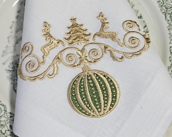 Embroidered Christmas Linen Napkins: Holiday Table Decor