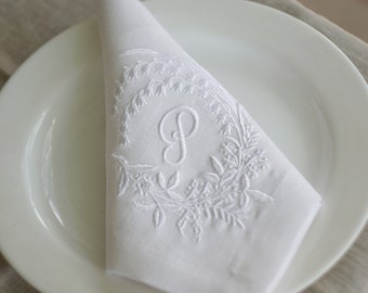 Monogrammed Linen Dinner Napkins: White Embroidered Lily of the Valley