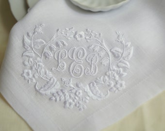 Monogrammed Linen Napkin: White Embroidered Cloth Dinner Napkin