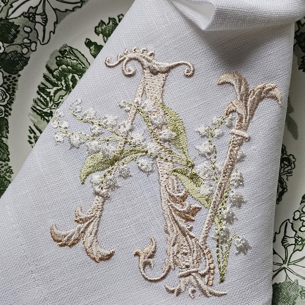 Embroidered Linen Napkins: Lily of the Valley, Spring Decor