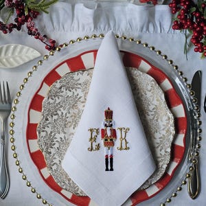 Embroidered Nutcracker Linen Napkin: Monogrammed Christmas Table Decoration