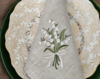 Embroidered Linen Napkin: Lily of the Valley Spring Decor