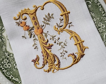 Serviette en lin personnalisée : monogramme d'automne brodé, motif citrouille