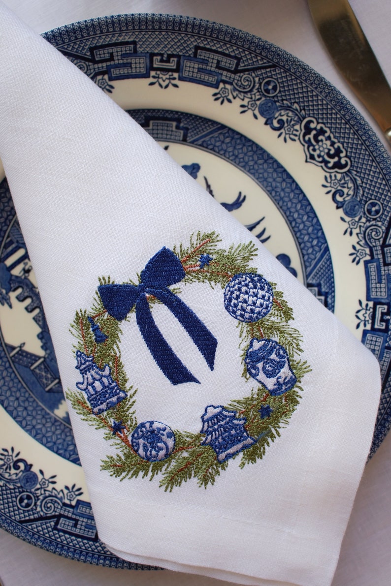 Chinoiserie Christmas Wreath With Ornaments Embroidered Cloth Etsy