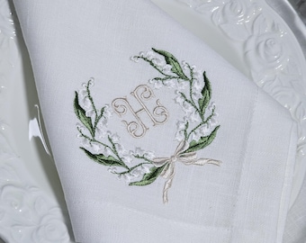 Embroidered Linen Napkins: Lily of the Valley Spring Decoration
