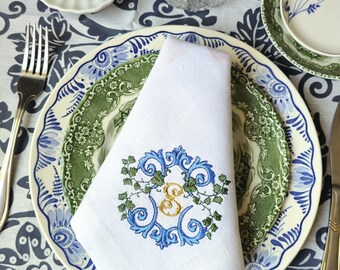 Servilletas de lino bordadas: Servilletas de mesa florales con monograma
