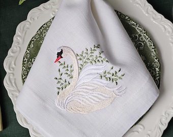 刺繍入りリネンクロスダイニングナプキン「スワン」 - Etsy 日本
