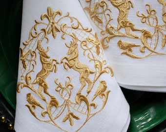 Gold Embroidered Linen Christmas Napkins: Holiday Table Decor