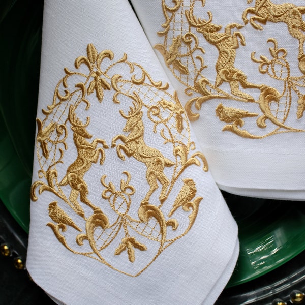 gold embroidered christmas cloth napkins table decoration, Holiday Table Decor, Cloth Dinner Napkins, linen napkins, christmas napkins