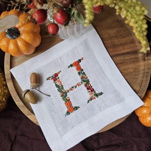 Embroidered Linen Monogram Napkin: Thanksgiving Pumpkin Initial