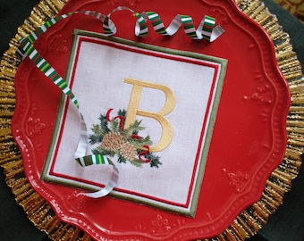 Personalized Christmas Embroidered Linen Napkins: Monogrammed Holiday Decor