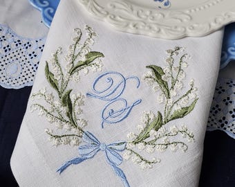 Embroidered Linen Napkins: Lily of the Valley Spring Decoration