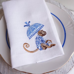 Embroidered Linen Dinner Napkin: Blue Chinoiserie Monkey