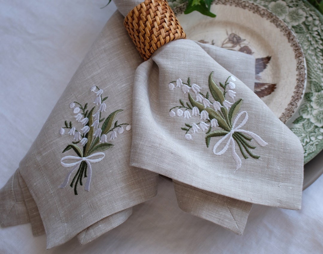 Lily of the Valley Embroidered Napkins, Spring Decoration, Cloth Dinner