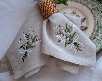 lily of the valley  Embroidered Napkins, Spring decoration, Cloth Dinner Napkins, Wedding napkins