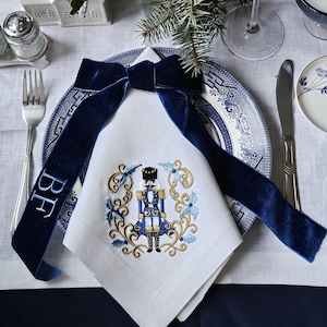 Embroidered Nutcracker Linen Napkin: Monogrammed Christmas Table Decoration