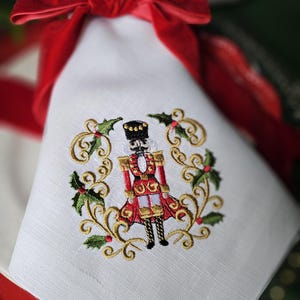 Embroidered Nutcracker Linen Napkin: Monogrammed Christmas Table Decoration