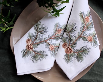 Embroidered Christmas Linen Napkins: Pine Branch Holiday Table Decor