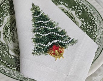 Embroidered Christmas Linen Napkins: Holiday Table Decor
