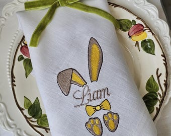 Personalized Easter Linen Napkins with Bunny — Custom Name or Monogram