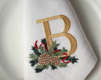 刺繍入りくるみ割り人形リネンナプキン：モノグラム入りクリスマス