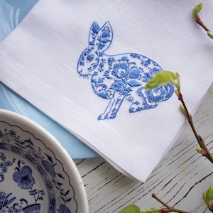 Blue Easter Bunny Napkins, Embroidered Rabbit Napkins, dinner napkins embroidered, linen table decoration, Embroidered Cloth Dinner Napkins