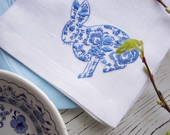 Blue Easter Bunny Napkins, Embroidered Rabbit Napkins, dinner napkins embroidered, linen table decoration, Embroidered Cloth Dinner Napkins